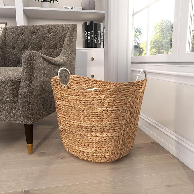 Deco 79 Seagrass Handmade Decorative and Functional Storage Basket Large Woven Basket Organizer with Ring Metal Handles, Basket for Storage 21" x 17" x 19", Brown - Image 7