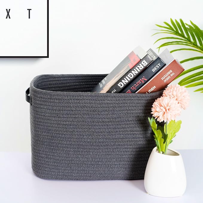 3-Pack Decorative Woven Storage Baskets for Shelves, Cube Bin Box for Organizing Books, Shoes, Dog Toys, Pantry Closet and Living Room Organizer, Charcoal / Black - Image 2