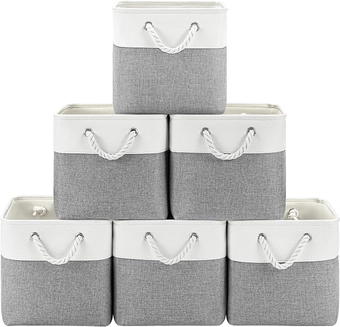 Patvingot 11-Inch Fabric Cube Storage Bins with Handles,6 Pack,Foldable | For cube shelves and closets,keeps grouped for everyday access,reinforced opening and fold-flat storage,white and gray by Patvingot