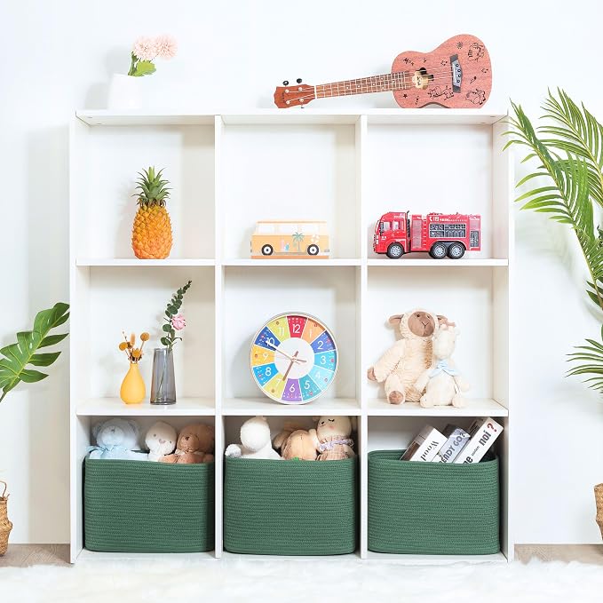 3-Pack Decorative Woven Storage Baskets for Shelves, Cube Bin Box for Organizing Books, Shoes, Dog Toys, Pantry Closet and Living Room Organizer, Forest Green - Image 4