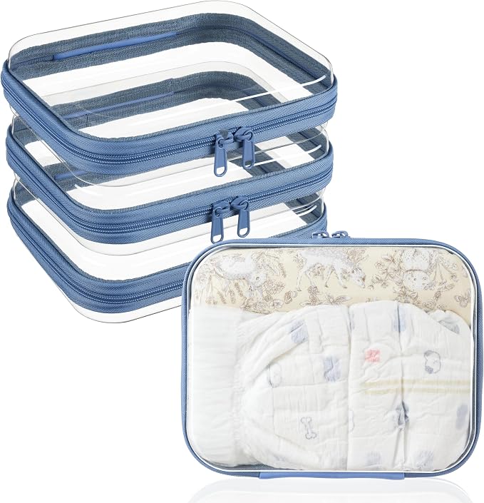 3-PCS Medium Clear Hard Shell Zipper Pouches, Clear Zipper Bags (3M, Blue) | Hard Case Pouches for Purse & Diaper Bag Organizer, Travel Essentials, Clear Storage Bags, and Travel Zipper Container by WELPIRT