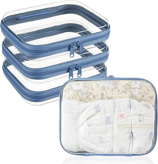 3-PCS Medium Clear Hard Shell Zipper Pouches, Clear Zipper Bags (3M, Blue) | Hard Case Pouches for Purse & Diaper Bag Organizer, Travel Essentials, Clear Storage Bags, and Travel Zipper Container by WELPIRT