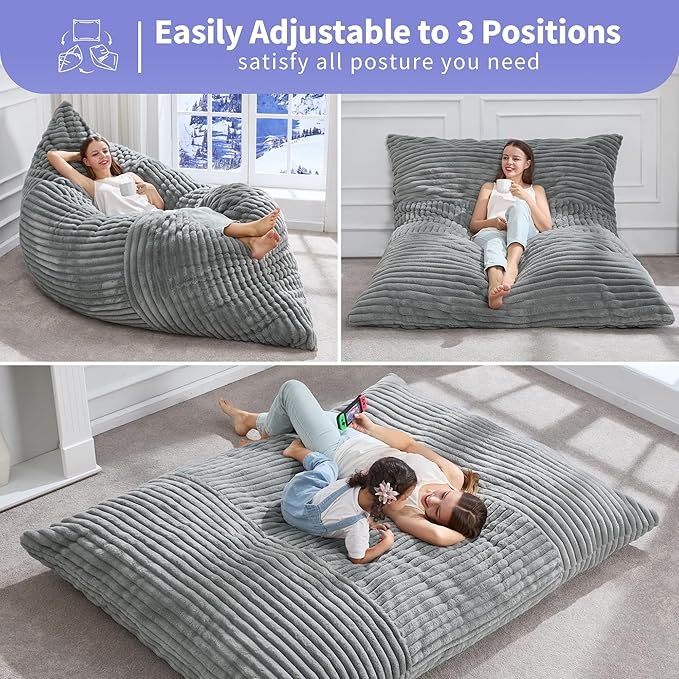 Hobestluk Adult Bean Bag Chair 3 in 1 Convertible Large Bean Bag Sofa | Striped Turquoise Grey,Machine Washable,Removable Cover,Easy Convert And Install, Floor Bed,For Livingroom Bedroom - Image 4