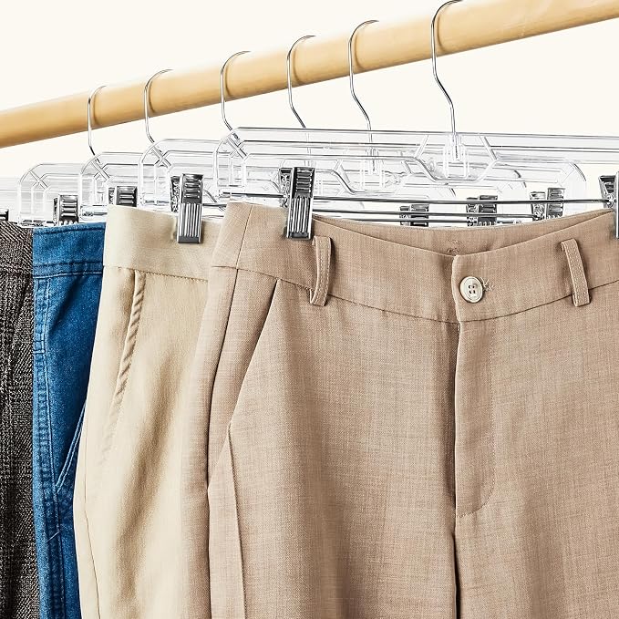 HOUSE DAY 100 Pack Heavy Duty Clear Pants Hangers, 14'' Skirt Hangers | No-Mark Clip Hangers with Stronger Grip, Adjustable Clips for Jeans, Pants, Skirts and Shorts, Bulk Retail, Boutique Hangers - Image 6