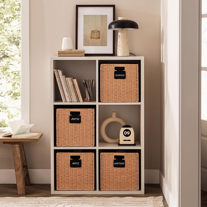 UBBCARE 2 Pack Wicker Basket, 12×12 Storage Cubes with Label, Foldable Cube Storage Bin with Handle, Square Storage Basket for Shelves, Woven Paper Rope Basket for Organizing, Caramel - Image 5