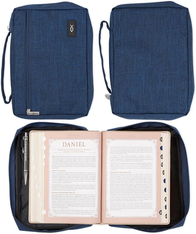 Christian Art Gifts Polyester Bible Cover for Men & Women w/Jesus Fish Patch, Zipper Pocket, Pen Loops, Easy Carry Book Case for Stationery, Accessories, Navy Blue, XL - Image 6