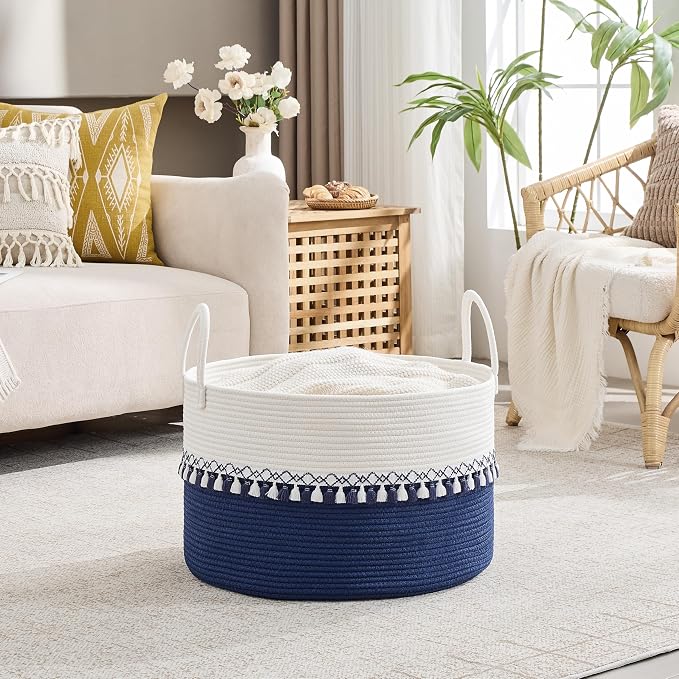 KAKAMAY Large Blanket Basket with Handles, Storage Basket for Living Room | Extra Large Capacity | Natural Cotton Rope | Blanket Storage | Woven Storage Basket | Stuffed Animal Storage | Laundry Basket - Image 5
