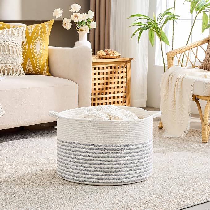 KAKAMAY Large Blanket Basket with Handles, Storage Basket for Living Room | Extra Large Capacity | Natural Cotton Rope | Blanket Storage | Woven Storage Basket | Stuffed Animal Storage | Laundry Basket - Image 3