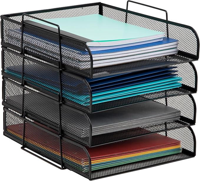 Mind Reader Stackable Paper Tray, Desktop Organizer, File Storage, Office, Metal Mesh, 10.5" L x 13.5" W x 11.25" H, 4 Pcs., Black by MindReader