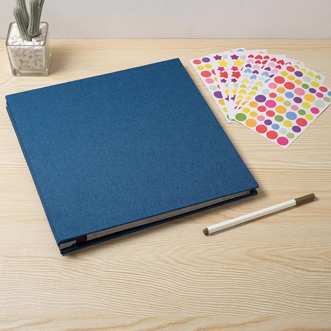 Large Photo Album Self Adhesive 4x6 8x10 10x12 13"x12.6" Scrapbook Album 12.6"x11" Inch 60 Black Sticky Pages Linen Cover Magnetic Photo Album with A Metallic Pen and DIY Stickers(Blue) - Image 6