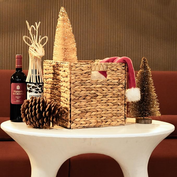 4 Hand-Woven Wicker Storage Baskets 13x11x11in, Water Hyacinth Shelf Bins | ECO-FRIENDLY & SUSTAINABLE - Image 10