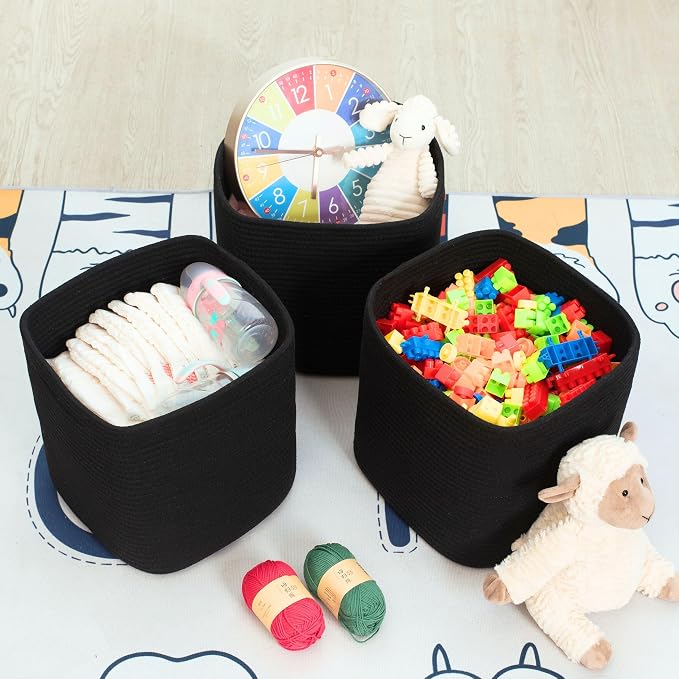 3-Pack 11x11 Inch Cube Storage Bin, Woven Organizer, Closet Cute Square Bins, Decorative Classroom Bathroom Pantry and Shelf Baskets, Full Black (MD-196) - Image 5