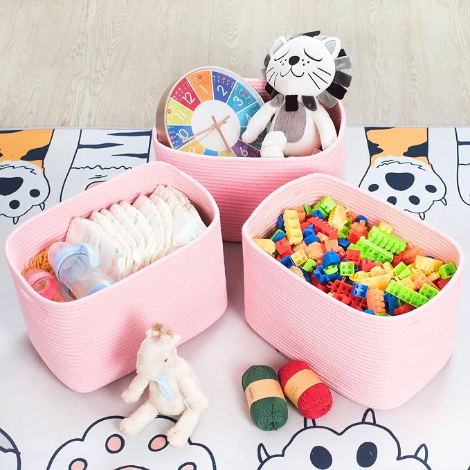 3-Pack Decorative Woven Storage Baskets for Shelves, Cube Bin Box for Organizing Books, Shoes, Dog Toys, Pantry Closet and Living Room Organizer, Soft Pink - Image 5