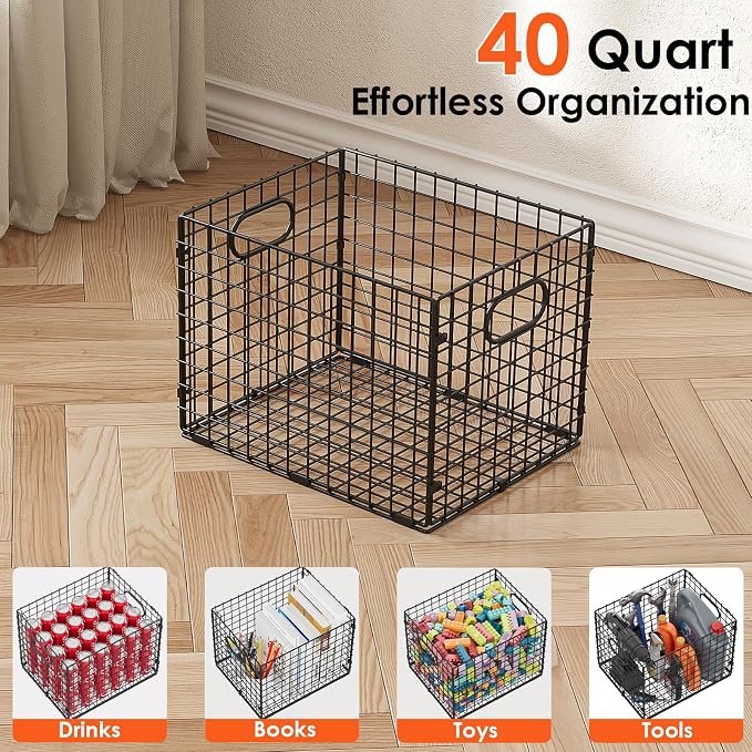3-Pack Metal Milk Crate for Storage, Large 40qt Stackable Collapsible Storage Bins with Handle, Heavy Duty Storage Baskets for Shelves, Folding Basket Organizer for Car, Garage, Home, Camping, Office - Image 2