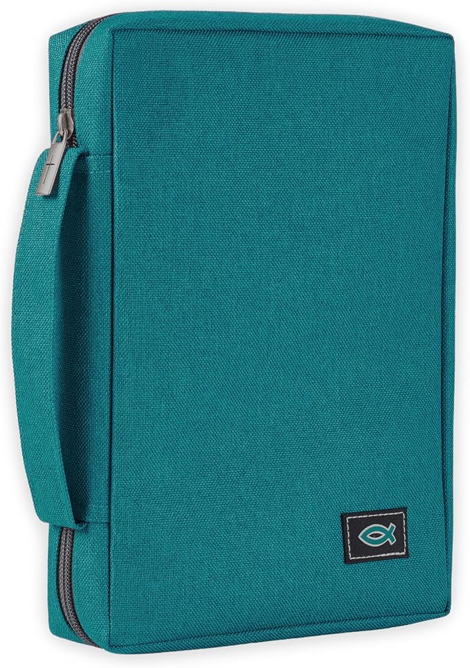 Christian Art Gifts Men & Women’s Bible Cover – Jesus Fish Symbol, Teal Canvas, Large Size – Durable Zipper Case with Handle, Pen Loop, Interior & Exterior Pockets, Easy-Clean Protective Bible Bag by ChristianArtGifts