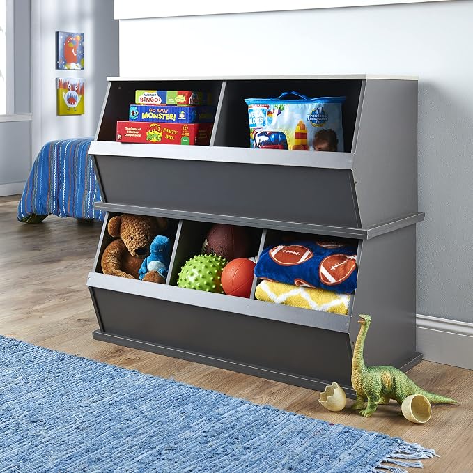 Badger Basket Two-Bin Stackable Toy Storage Cubby Organizer for Kids – Durable Kids Room Storage, Books & Toys Organizer, Charcoal/Light Gray - Image 7