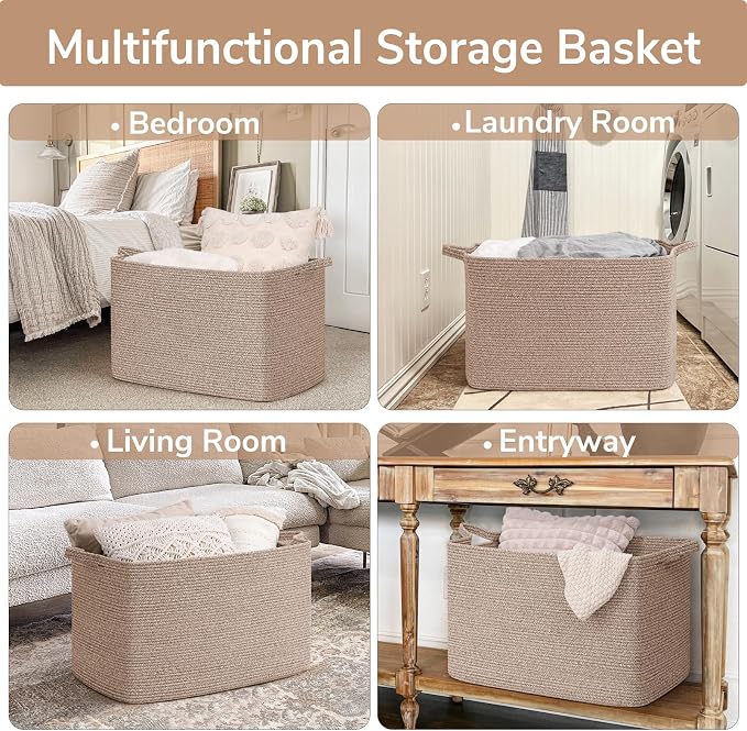 Goodpick 105L Extra Large Woven Rope Blanket Basket, Rectangle, Brown | 25'' x 16'' x 16'' Storage Basket for Blankets, Clothes & Pillows, Living Room & Bedroom Organization, Reinforced Handles - Image 4