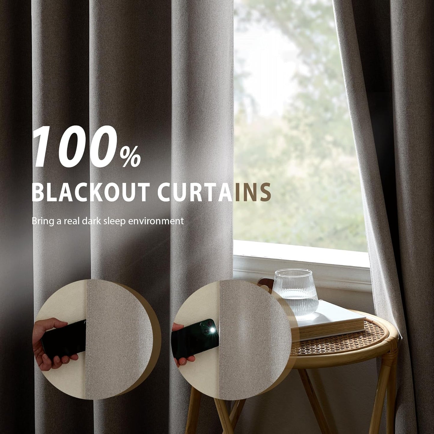 NICETOWN Natural 100% Blackout Short Curtains 63 inches Lenghth Burg for Kitchen, 2 Panels, Burlap Faux Linen Drapes with Thermal Insulated White Liner, Keeping Out Cold Air and Heat Panels