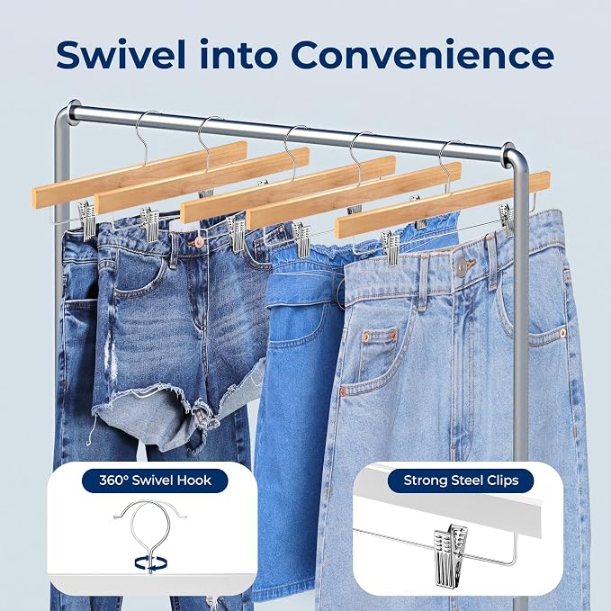 SereneLife 10 Pack Skirt and Pant Hanger with Adjustable Non-Slip Steel Clips, Premium Wooden, 360° Swivel Hook & 10 lb Capacity – Space-Saving Heavy-Duty Hangers for Jeans, Shorts & Slacks (Natural) - Image 6