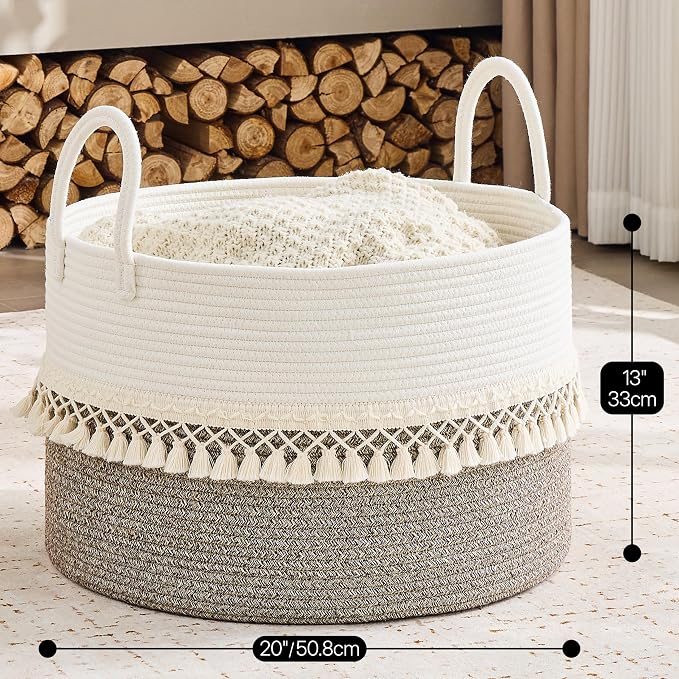 KAKAMAY Large Blanket Basket with Handles, Storage Basket for Living Room | Extra Large Capacity | Natural Cotton Rope | Blanket Storage | Woven Storage Basket | Stuffed Animal Storage | Laundry Basket - Image 4
