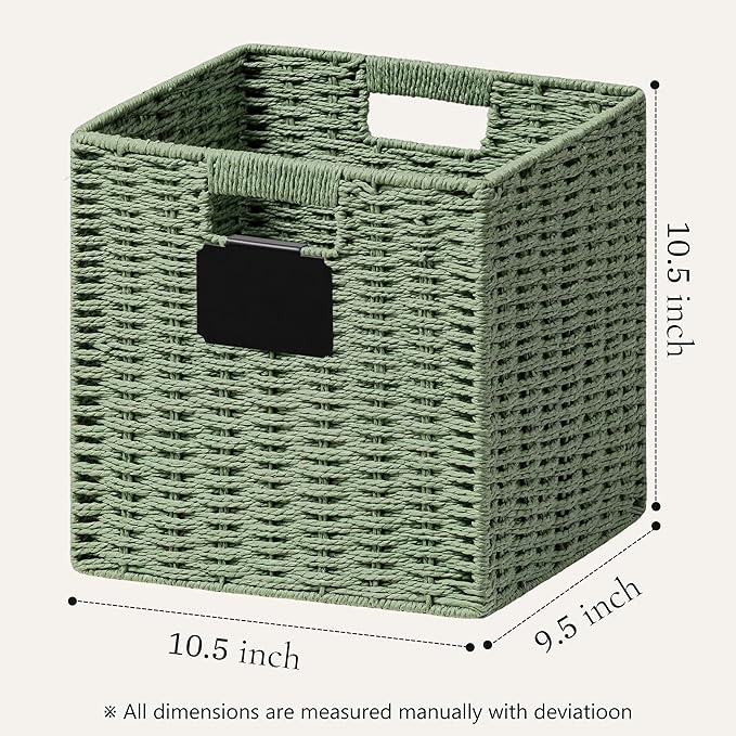 UBBCARE 2 Pack Wicker Basket, 10.5×10.5 Storage Cubes with Label, Foldable Cube Storage Bin with Handle, Square Storage Basket for Shelves, Woven Paper Rope Basket for Organizing, Green - Image 2