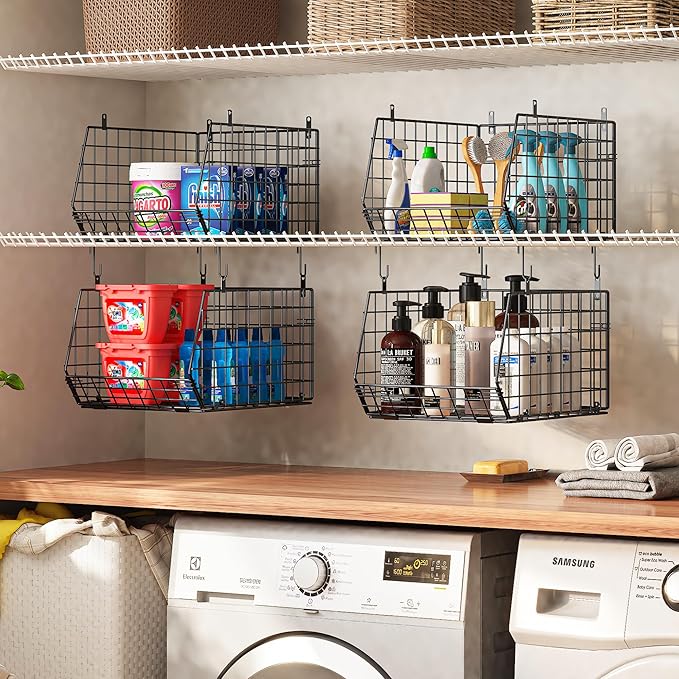 4" Extra Deeper Hanging Closet Organizers and Storage,4 Tier Foldable Wire Cabinet Shelves with 5 S Hooks,Small Metal Basket Bins for Clothes Sweaters Handbags, Wardrobe for Kitchen Laundry Room，Black - Image 2