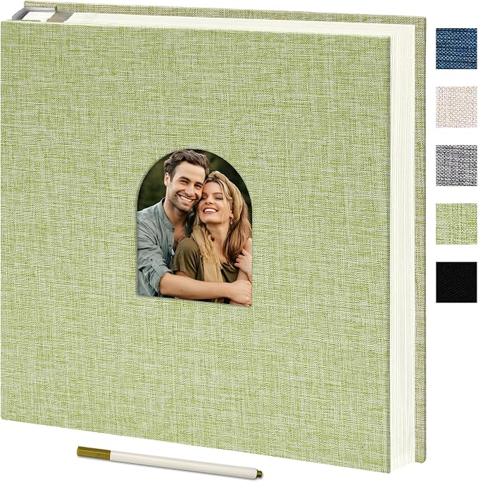 Vienrose Self Adhesive Photo Album with Arch Window, 40 Pages, Grass Green | Linen Cover, 9.84x9.06 Inch, Memory Book, Blank Inner Page, Metallic Pen by Vienrose