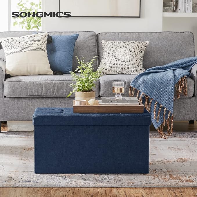 SONGMICS MAZIE Collection - 30 Inches Folding Storage Ottoman Bench, Ottoman Foot Rest, End of Bed Bench, Storage Chest, Load 660 lb, for Living Room, Bedroom, Entryway, Midnight Blue ULSF47IN - Image 2