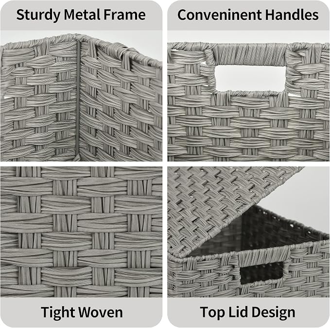 GRANNY SAYS Wicker Basket with Lid, Wicker Storage Baskets for Shelves | Woven Baskets with Lids, Wicker Baskets for Storage, Decorative Storage Boxes, Woven Stackable Basket with Lid, 3 Pack - Image 4