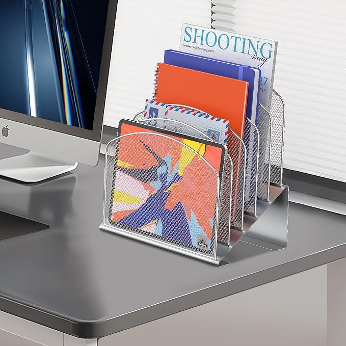 Delifox Inclined Desk File Organizer,Vertical File Folder Holder Stand Metal Rack File Sorter for Office Classroom Desktop Organization (1, Silver, 5) - Image 7