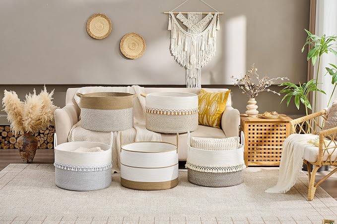 KAKAMAY Large Blanket Basket with Handles, Storage Basket for Living Room | Extra Large Capacity | Natural Cotton Rope | Blanket Storage | Woven Storage Basket | Stuffed Animal Storage | Laundry Basket - Image 7