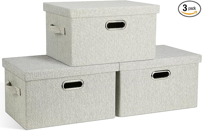Graciadeco Medium 15" 21 Quart Collapsible Stackable Storage Bins with Lids, 3 Packs Beige Foldable Fabric Closet Boxes Heavy-duty Linen Cube Baskets Container for Bedroom Office (15 x 11 x 8) | 21 Quart 3 Pack Beige Collapsible Stackable Linen Fabric ... by GraciadecoStorage