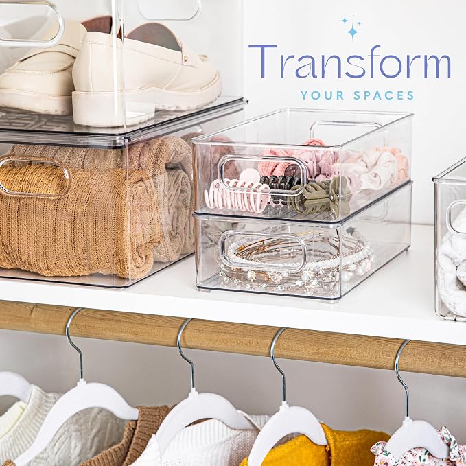Plastic Food Storage 2 Pack Clear Container Bin with Handles for Organizing Kitchen, Pantry, Refrigerator, Freezer, Pantry, Cabinet, Closet, Bathroom. Stackable 10”x6”x3” - Image 6