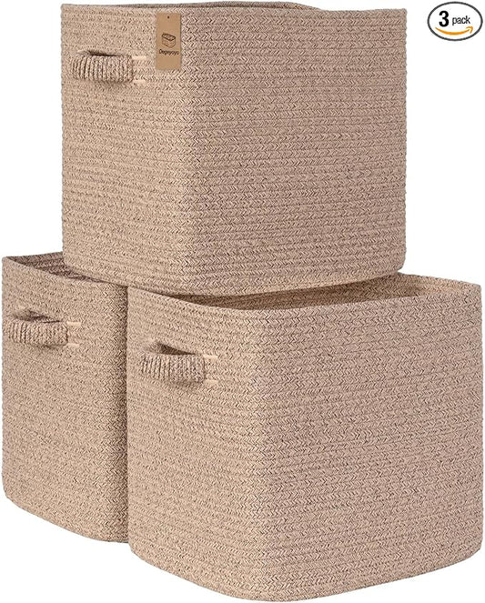 15×13 Inch Storage Cubes, 3 Pack Cube Storage Bins for Organizing, Cotton Rope Woven Baskets for Shelves, Bathroom, Kids Room, Closets, Baby Nursery by Degeyoyo