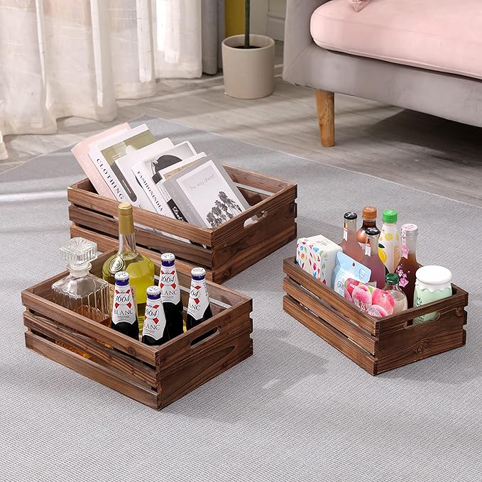 Wood Crates For Storage,Decorative Vintage Brown Wooden Crates For Display | Handmade Solid Wood Boxes,Set Of 3 Rustic Black Wooden Crate. (vintage brown) - Image 6