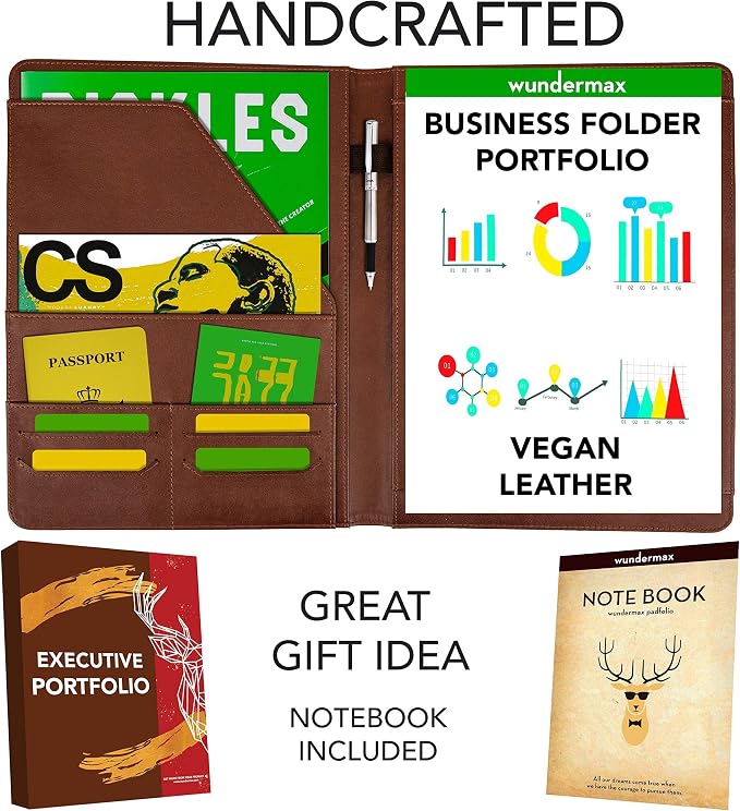 Wundermax Portfolio Binder - 12.8 x 9.8 x 0.6 Inch Vegan Leather Padfolio for Women and Men w/Notepad, Pockets for Tablet, Resume and Documents - Brown - Image 2