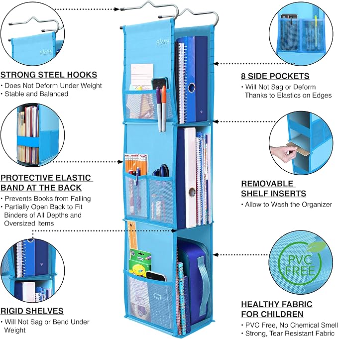 ABRA® 3 Shelf Hanging Locker Organizer for School, Gym, Work, Storage | Deep Shelves 6.5”x 9”| Eco-Friendly Fabric Healthy for Children | Adjustable School Locker Shelf from 3 to 2 Shelves (Sky Blue) - Image 4