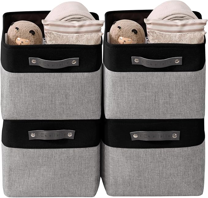 DECOMOMO Storage Bins, Large Fabric Storage Baskets for Shelves 4 Pack | 15 x 11 x 9.5 inches Decorative Linen Closet Organizers (Grey & Black) by DECOMOMO