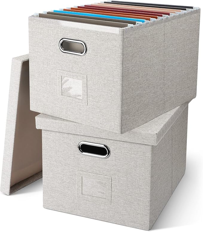 Storage Bins With Lids Office Organization File Folder Organizer Boxes | Beige, 2 Pack, 15.1" * 12.2" * 10.04", Built-In Handle, Collapsible, Stackable, Dustproof, Linen Fabric, Cardboards by GraciadecoStorage