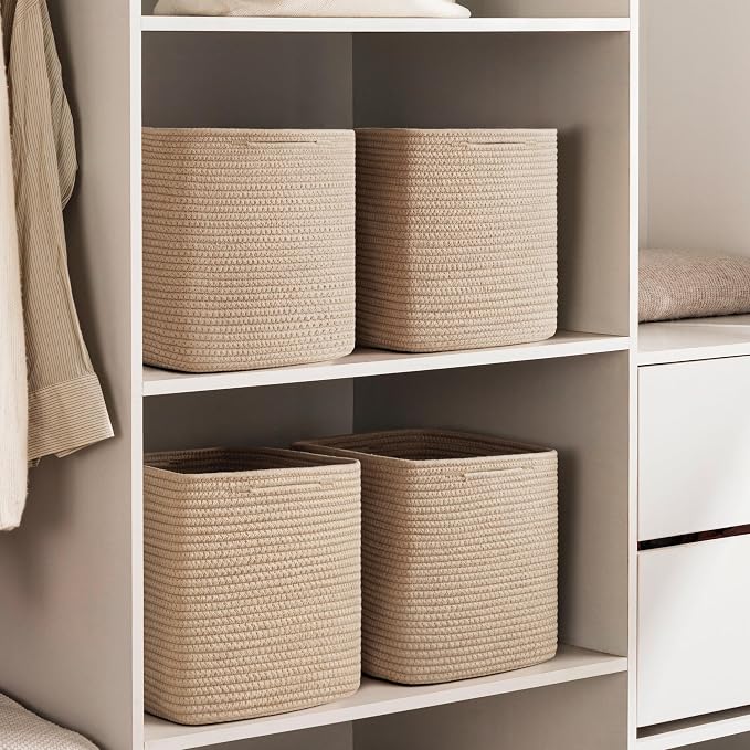 joybest 13inch Cube Storage Bins, Cotton Rope Woven Organizer Basket | Set of 4 Cube Bin Square Shelves Organizer Closet Storage, Nursery, Toy Organization, Brown - Image 4