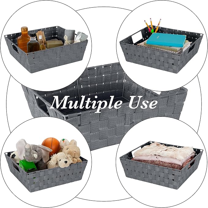 Simplify Large Shelf Woven Strap Tote | Decorative Storage Basket | Built in Handles | Organization | Closet | Bedroom | Bathroom | Nursery | Accessories | Toys | Gifts | 2 Pack | Grey - Image 2