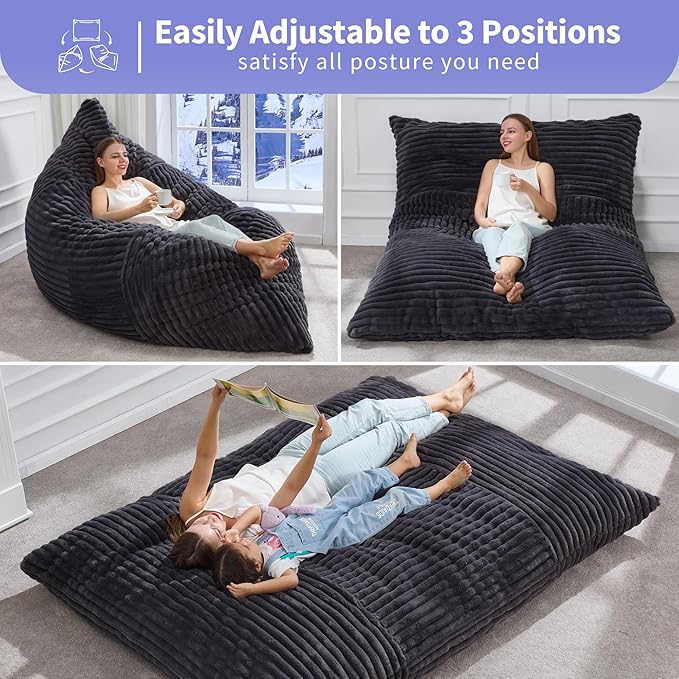 Hobestluk Adult Bean Bag Chair 3 in 1 Convertible Large Bean Bag Sofa | Striped Dark GreyMachine Washable,Removable Cover,Easy Convert And Install, Oversied Floor Bed,For Livingroom Bedroom - Image 3