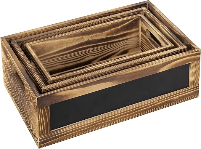 MyGift Rustic Burnt Wood Nesting Storage Bins with Chalkboard Panel and Cutout Handles, Decorative Farmhouse Wooden Stackable Open Top Boxes, 3 Piece Set - Image 7