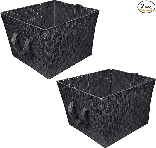 Simplify Large Woven Strap Tote | Decorative Storage Basket | 2 Handles | Organization | Closet | Bedroom | Bathroom | Nursery | Accessories | Toys | Gifts | 2 Pack | Black by Simplify