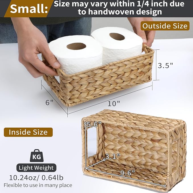 4 Small 3.6 QT Water Hyacinth Wicker Baskets for Shelves, 10" Long Woven Pantry Organizers and Storage Basket, Decorative Ratten Shallow Rectangle Baskets for Organizing Countertop Bathroom - Image 2