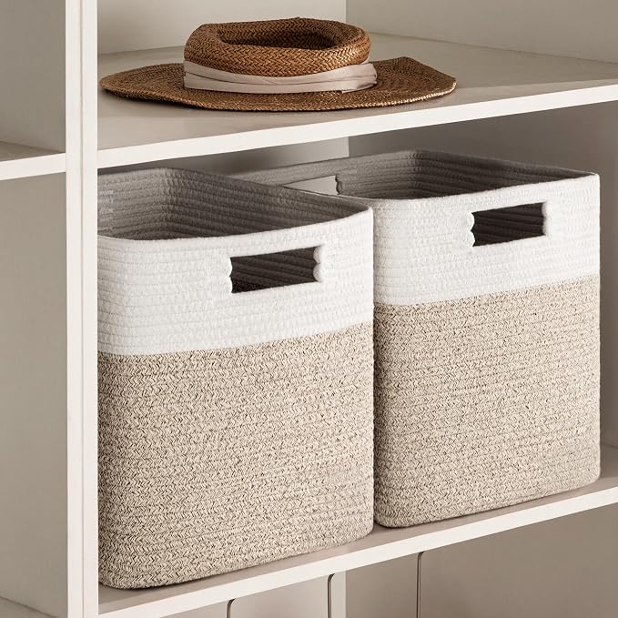 UBBCARE Set of 4 Storage Cubes-11 X 10.5 X 10.5 In, Cotton Rope Basket for Shelves, Toys, Book, Cube Storage Bin with Handles, Woven Storage Basket for Organizing, White/Brown - Image 6