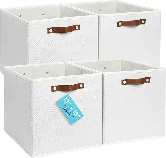 OrganiHaus 13x13 Cube Storage Bins, Set of 4 - Fabric Storage Cubes | Sturdy, holds its shape; odor-free; fits IKEA Kallax and Expedit; vegan leather handles by OrganiHaus