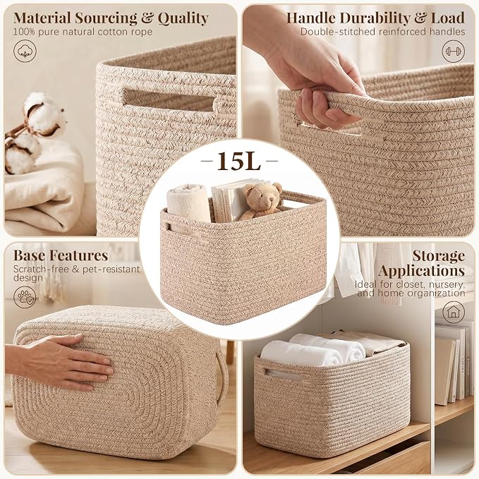 OIASKET 4Packs Natural Cotton Rope Storage Baskets for Organizing Toys, Clothes, Towels & Books, Soft Versatile Organizers for Shelves, Home Decorative Bins, 13''Lx9''Wx7.8''H, Brown - Image 3