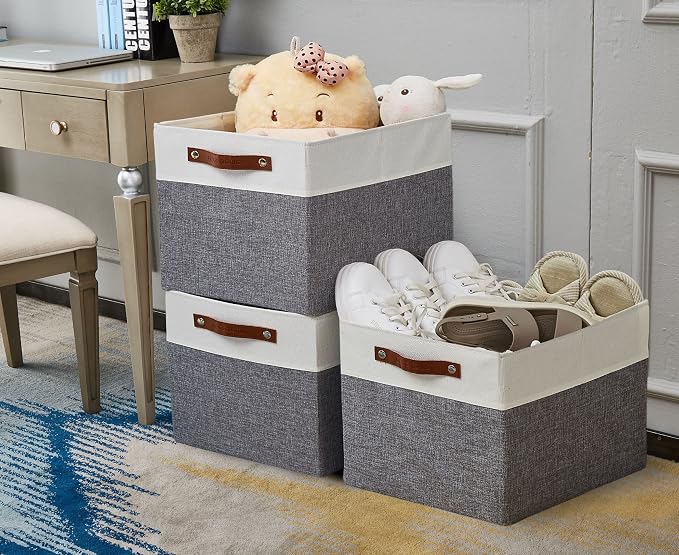 DECOMOMO Kallax Storage Cubes, Storage Baskets for Shelves 4-Pack | 13 x 15 x 13 Storage Bins, Baskets for Organizing Shelves (Grey & White) - Image 7