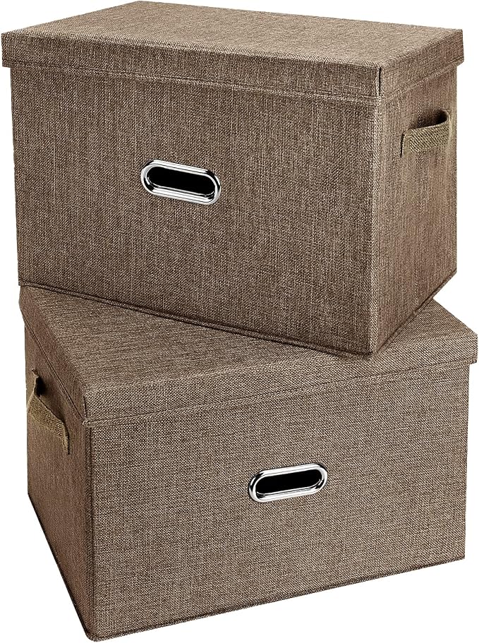 Large Linen Fabric Foldable Storage Bins with Removable Lid and Handles, Washable Storage Box Organizer Containers Baskets Cube with Cover for Bedroom,Office(Coffee, XXL(2-Pack)) by Unknown